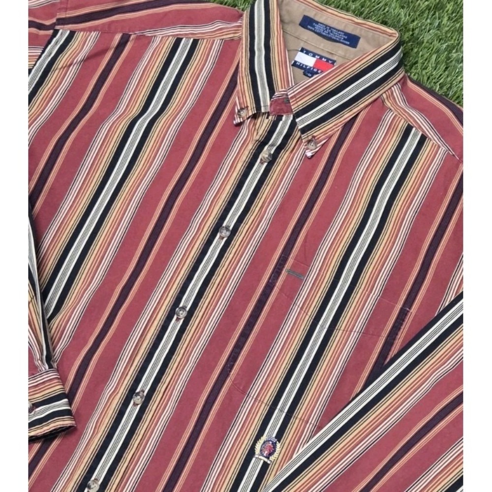 Vintage 90s Tommy Hilfiger Striped Button Down Shirt Crest Multicolor Mens L